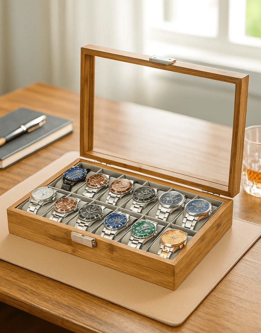 Boîte à montres bambou multiples compartiments – 12 emplacements 2 rangées