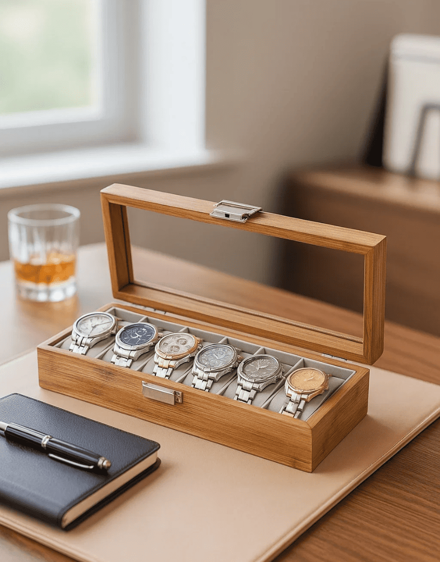 Boîte à montres bambou multiples compartiments – 6 emplacements sur une rangée