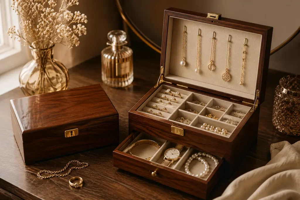 L’Élégance du Rangement : Comment Choisir sa Boîte à Bijoux en Bois ou Cuir PU - La Boîte Horlogère