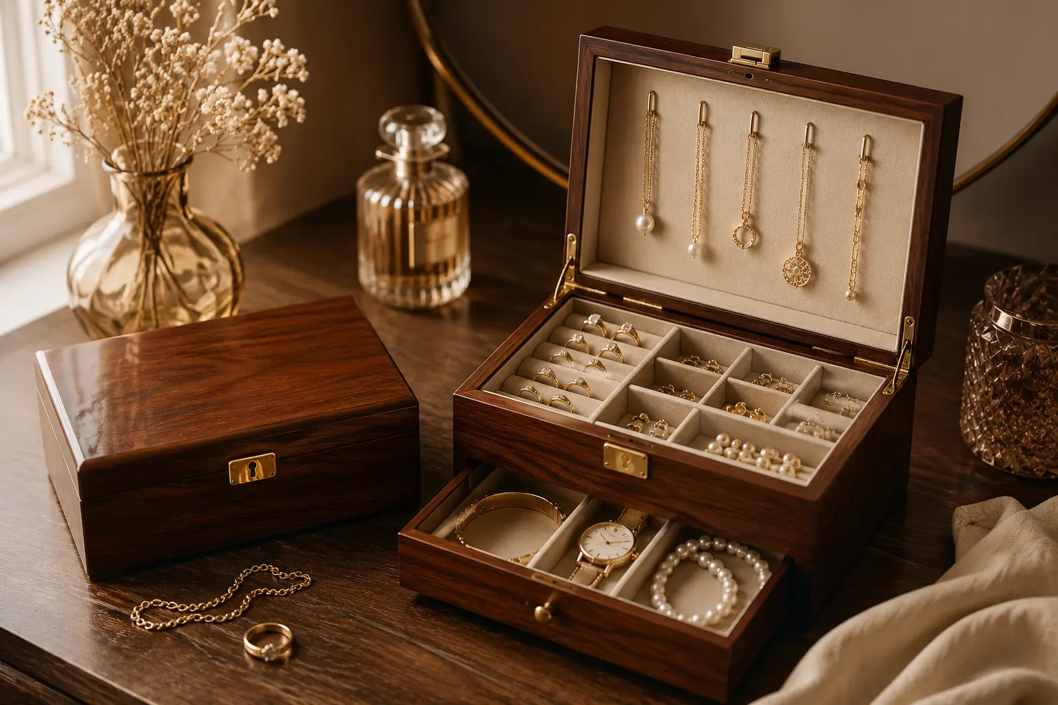 L’Élégance du Rangement : Comment Choisir sa Boîte à Bijoux en Bois ou Cuir PU - La Boîte Horlogère