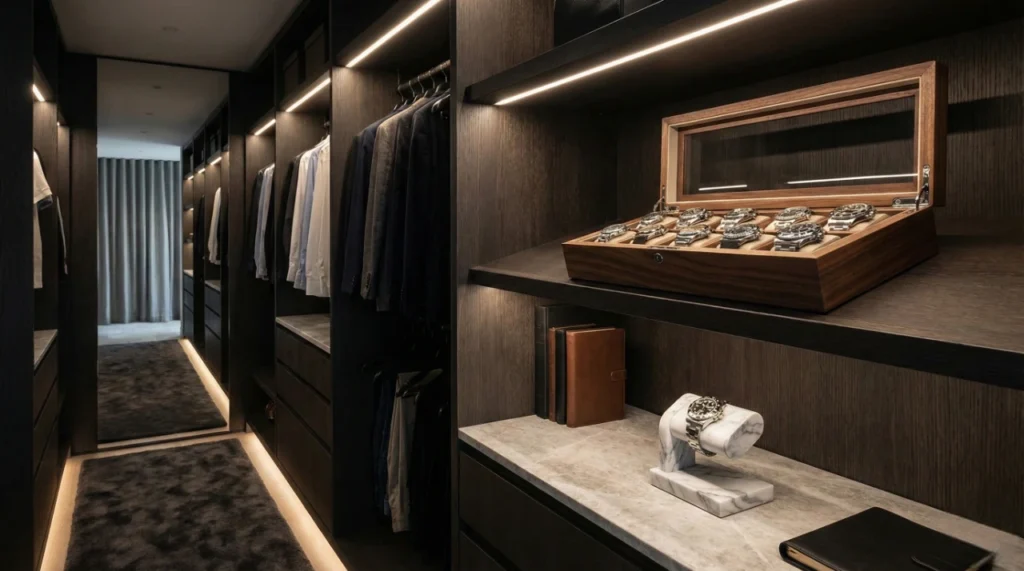 Idée déco dressing : exposer ses montres avec boîte et support sur mesure