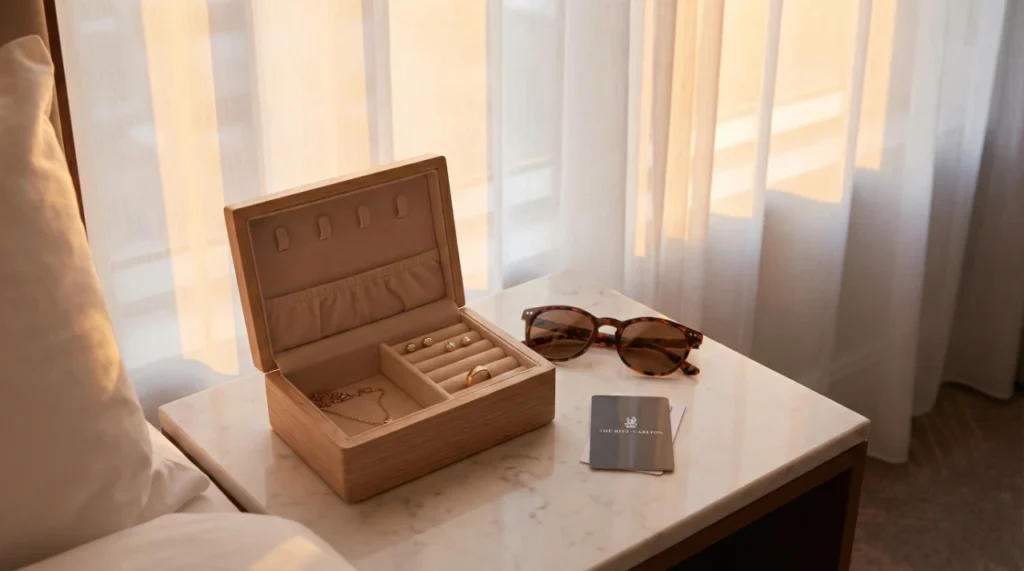 Organisation bijoux hôtel : petite boîte de rangement sécurisée sur table de nuit