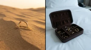 Rangement bijoux voyage : contraste entre perte dans le sable et étui organisé