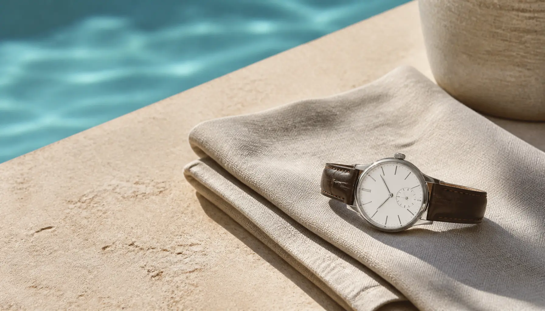 Montre élégante posée sur un linge près d’une piscine, à l’écart de l’eau