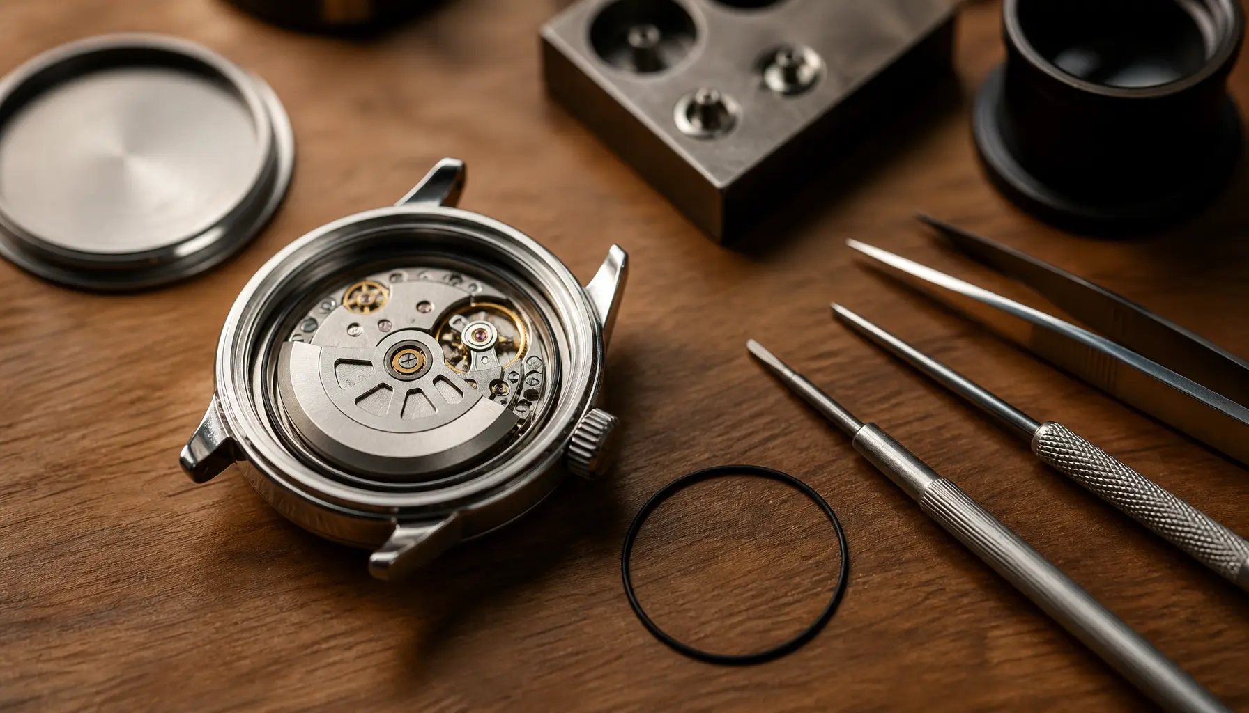 Boîtier de montre ouvert avec joint d’étanchéité et outils d’horloger