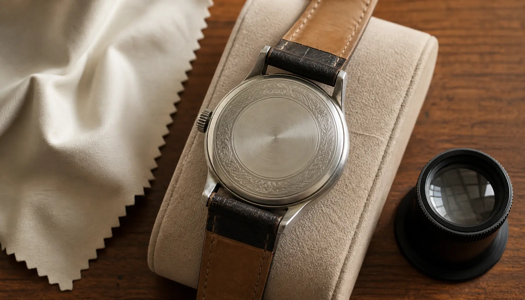 Fond gravé d’une montre ancienne observé avec une loupe sur un bureau en bois