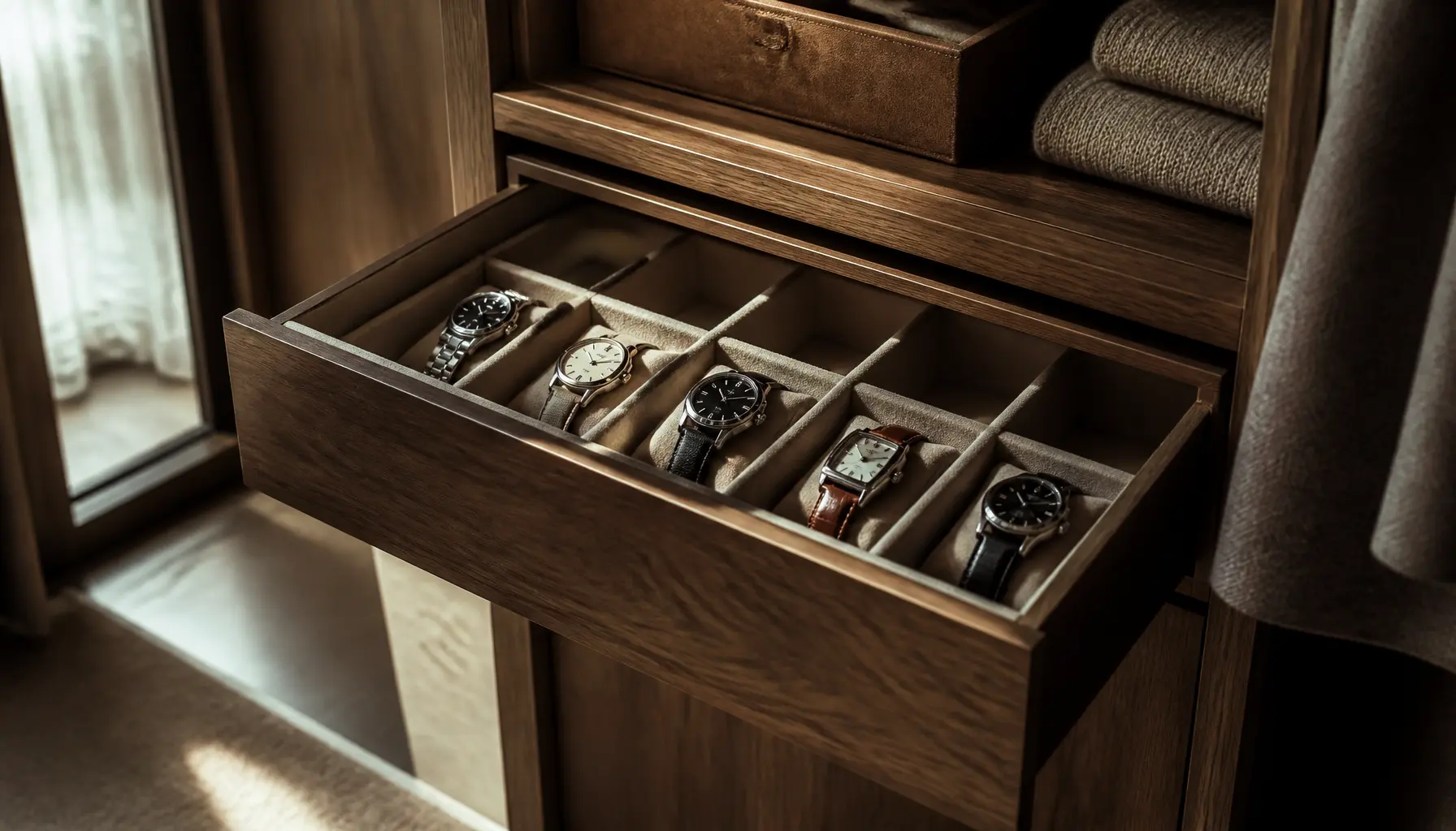 Tiroir peu profond organisé avec plusieurs montres dans un dressing élégant