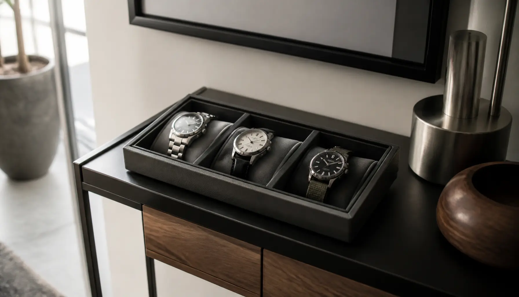 Trois montres aux bracelets différents rangées séparément sur une console étroite