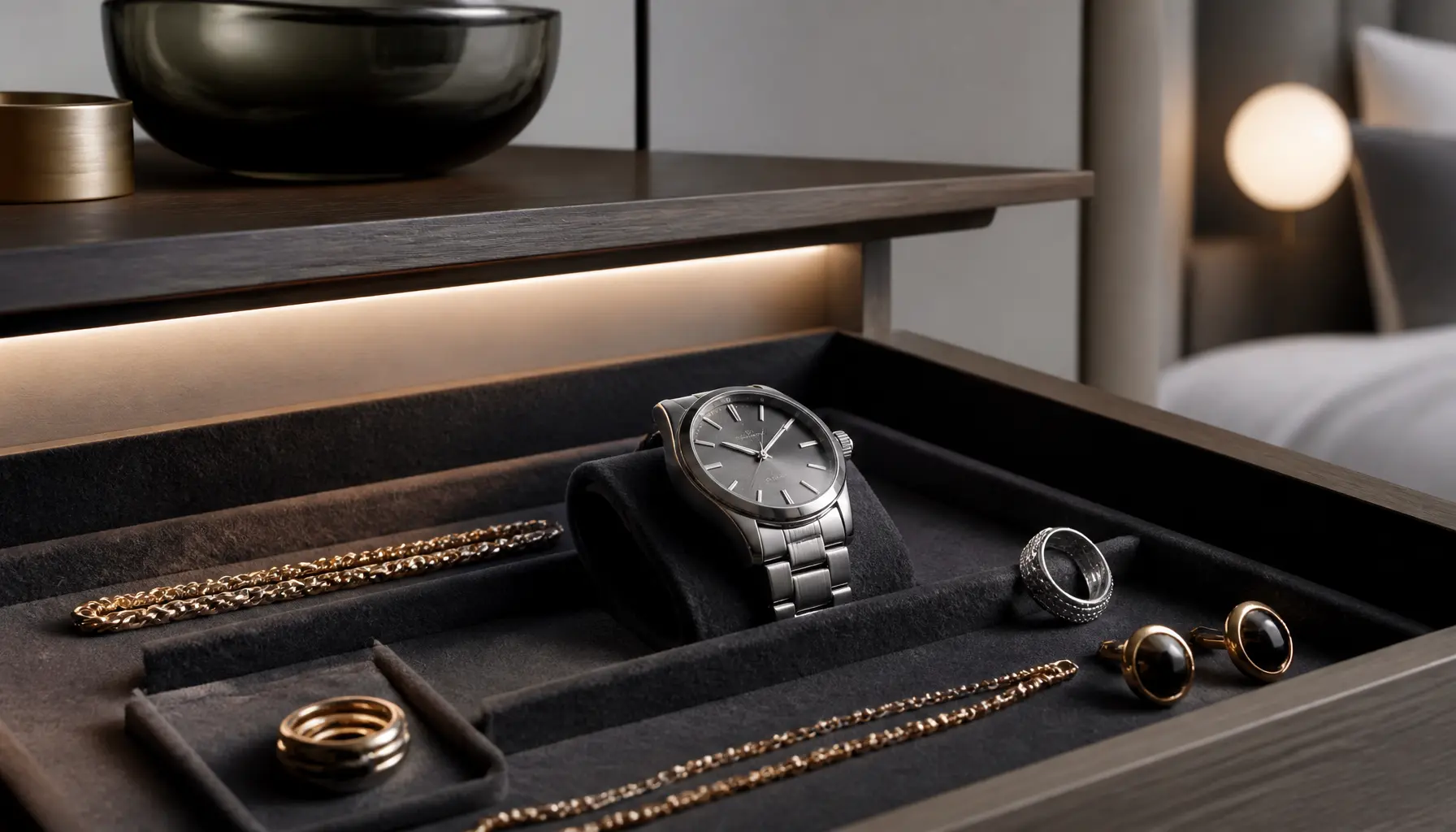 Montre et bijoux présentés sous une lumière douce sur une coiffeuse minimaliste