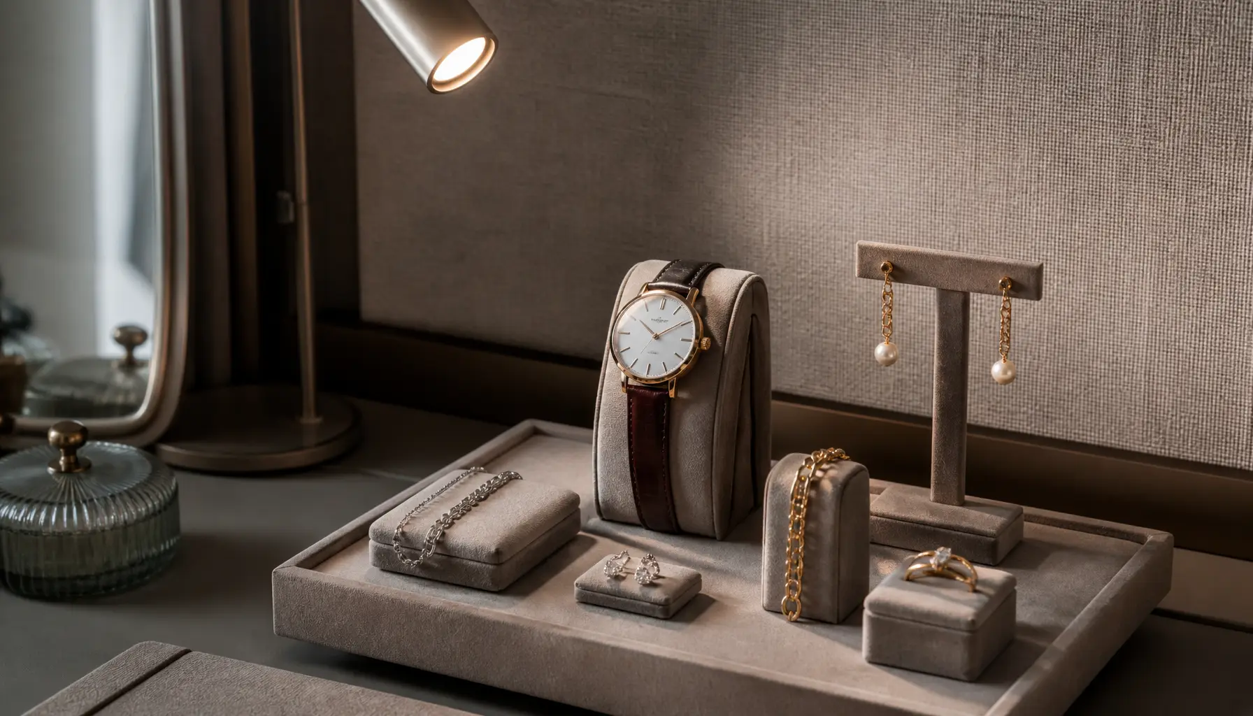 Présentation de montres et bijoux dans un dressing avec un éclairage latéral maîtrisé