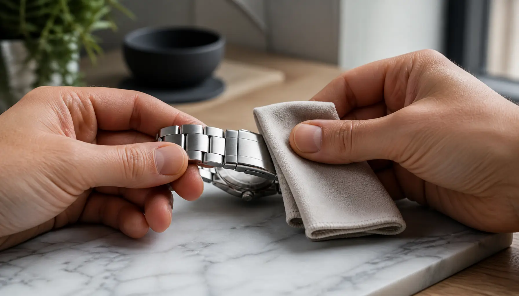 Bracelet de montre en acier essuyé avec une microfibre sur un espace de travail élégant