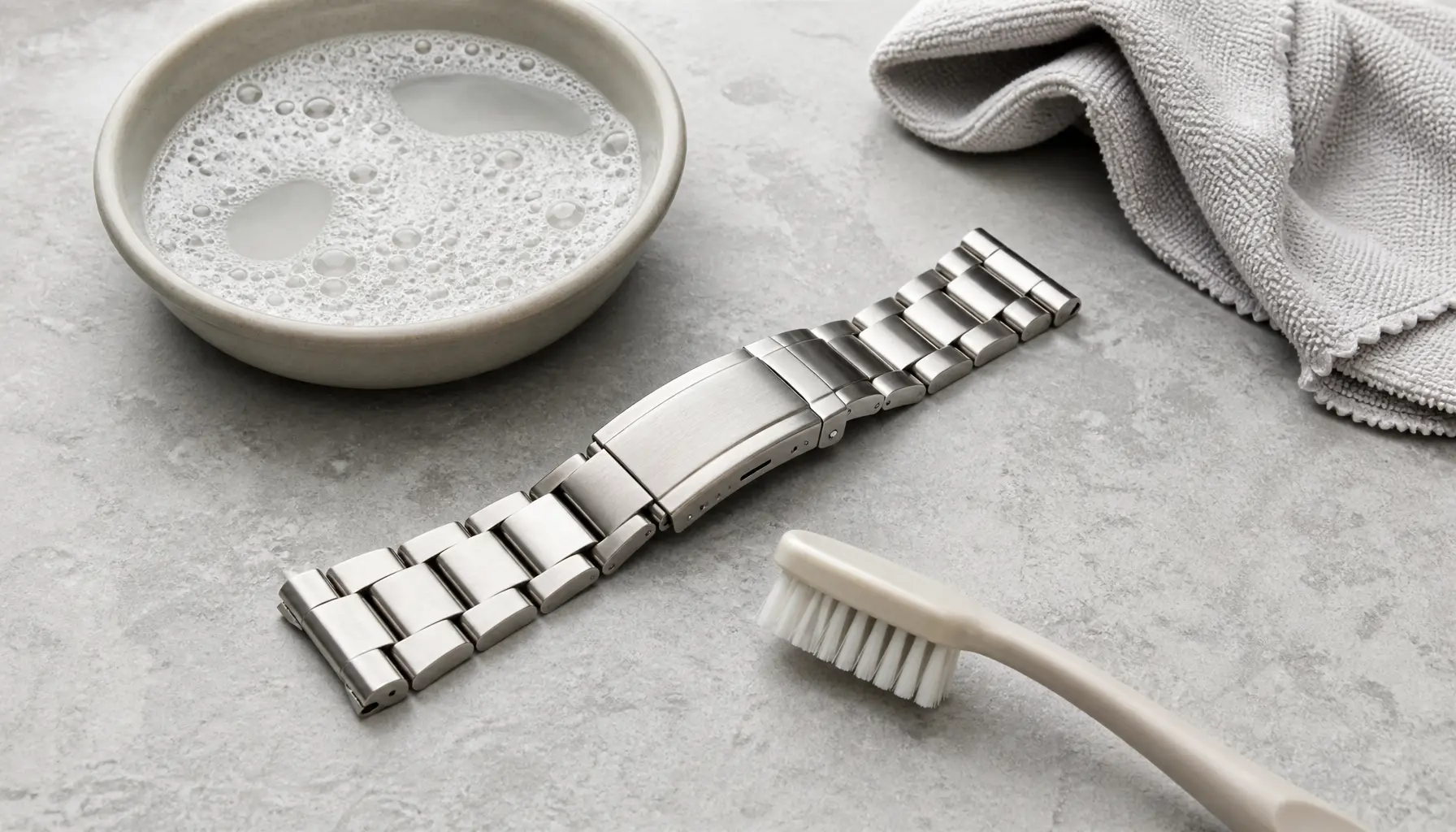 Bracelet acier détaché avec une brosse douce et une microfibre pour un nettoyage délicat