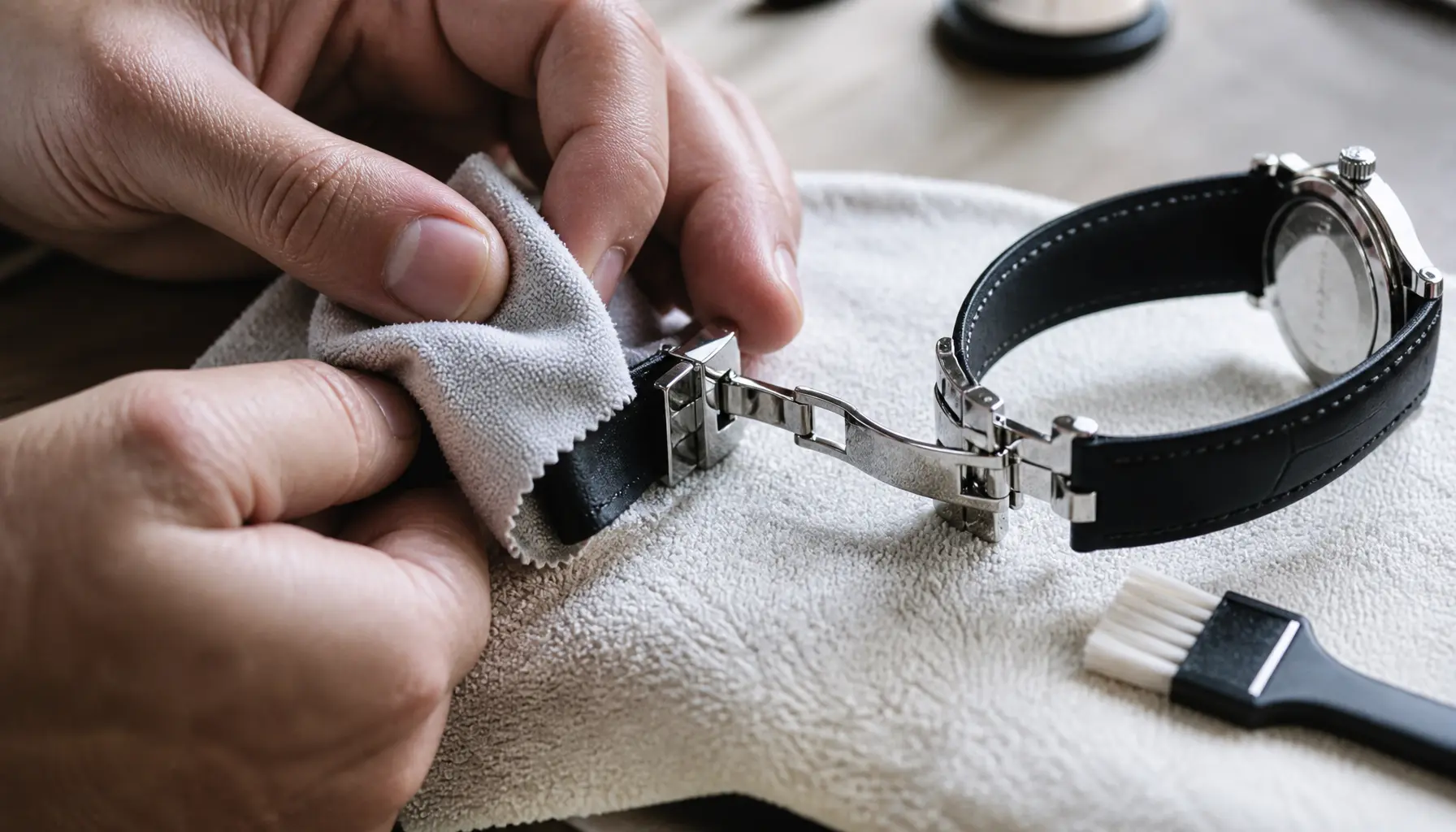 Nettoyage délicat d’une boucle de montre en acier avec un chiffon doux