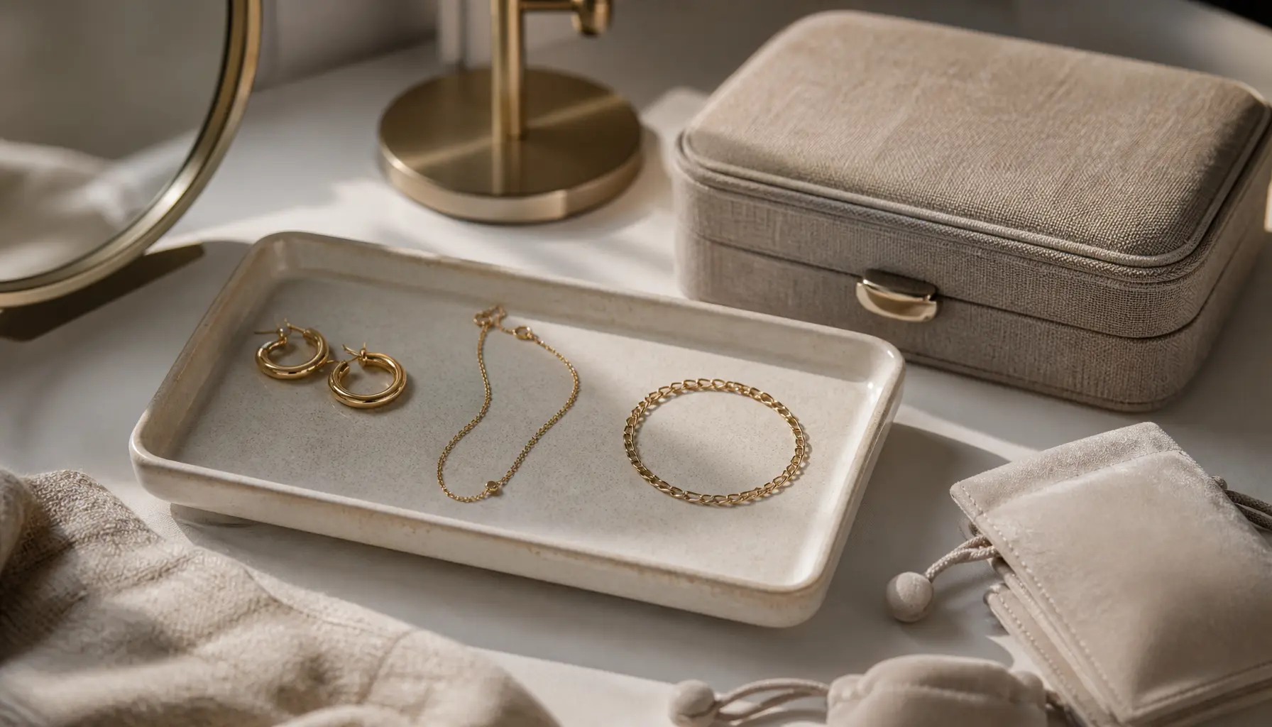 Sélection de bijoux de la semaine disposée sur un plateau près d’un écrin élégant