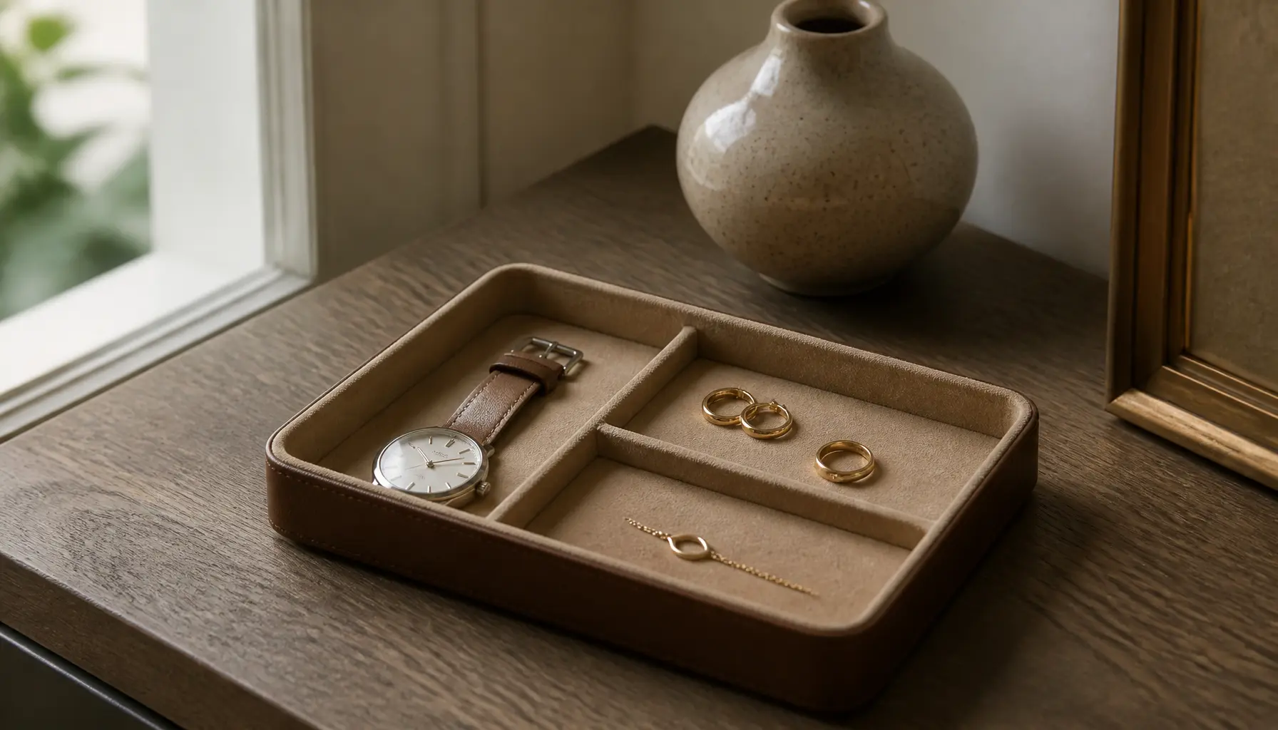 Vide-poche doublé accueillant une montre et quelques bijoux sur une console d’entrée.