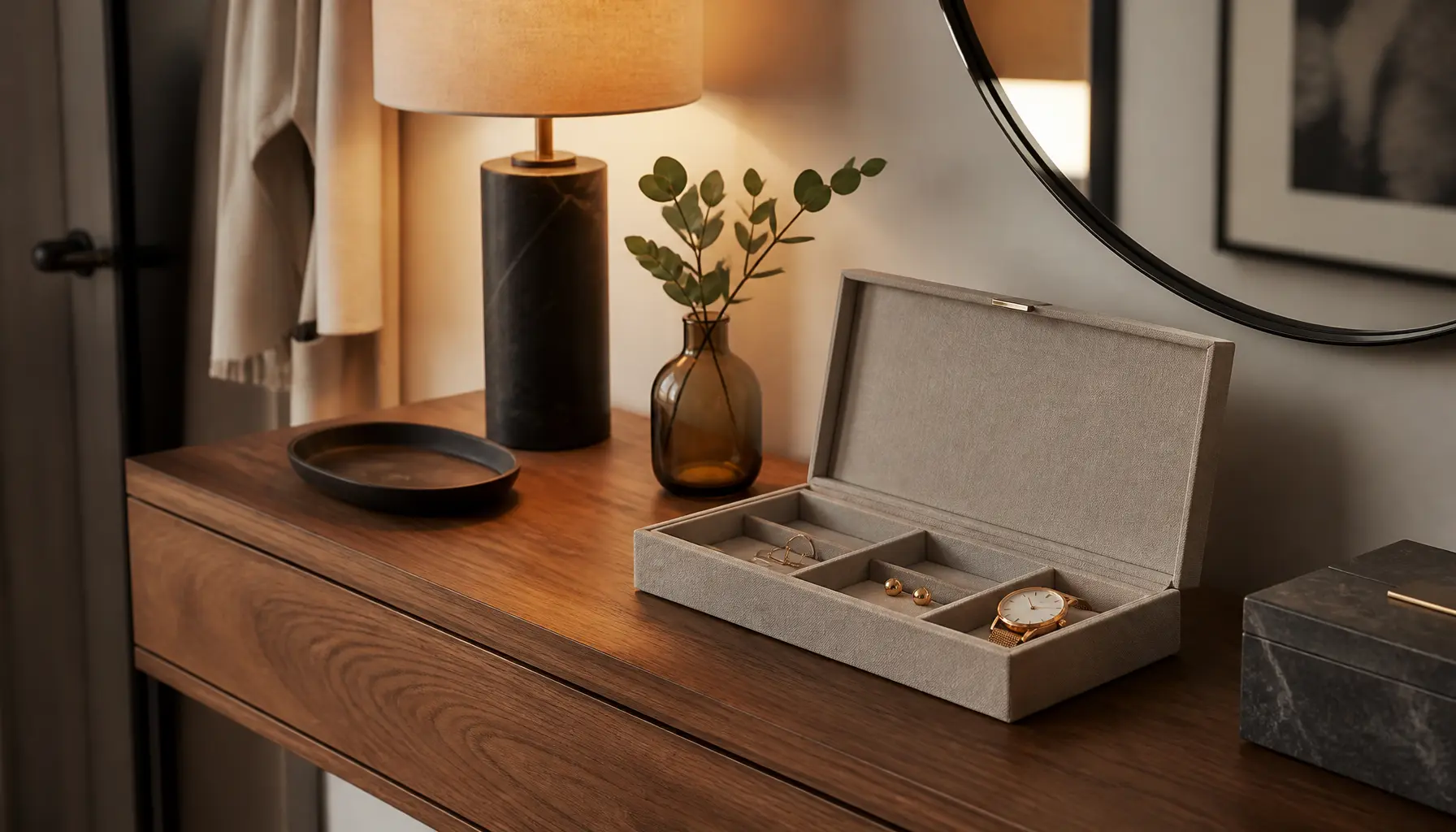Composition élégante d’une entrée avec un plateau à bijoux, un miroir et une lampe.