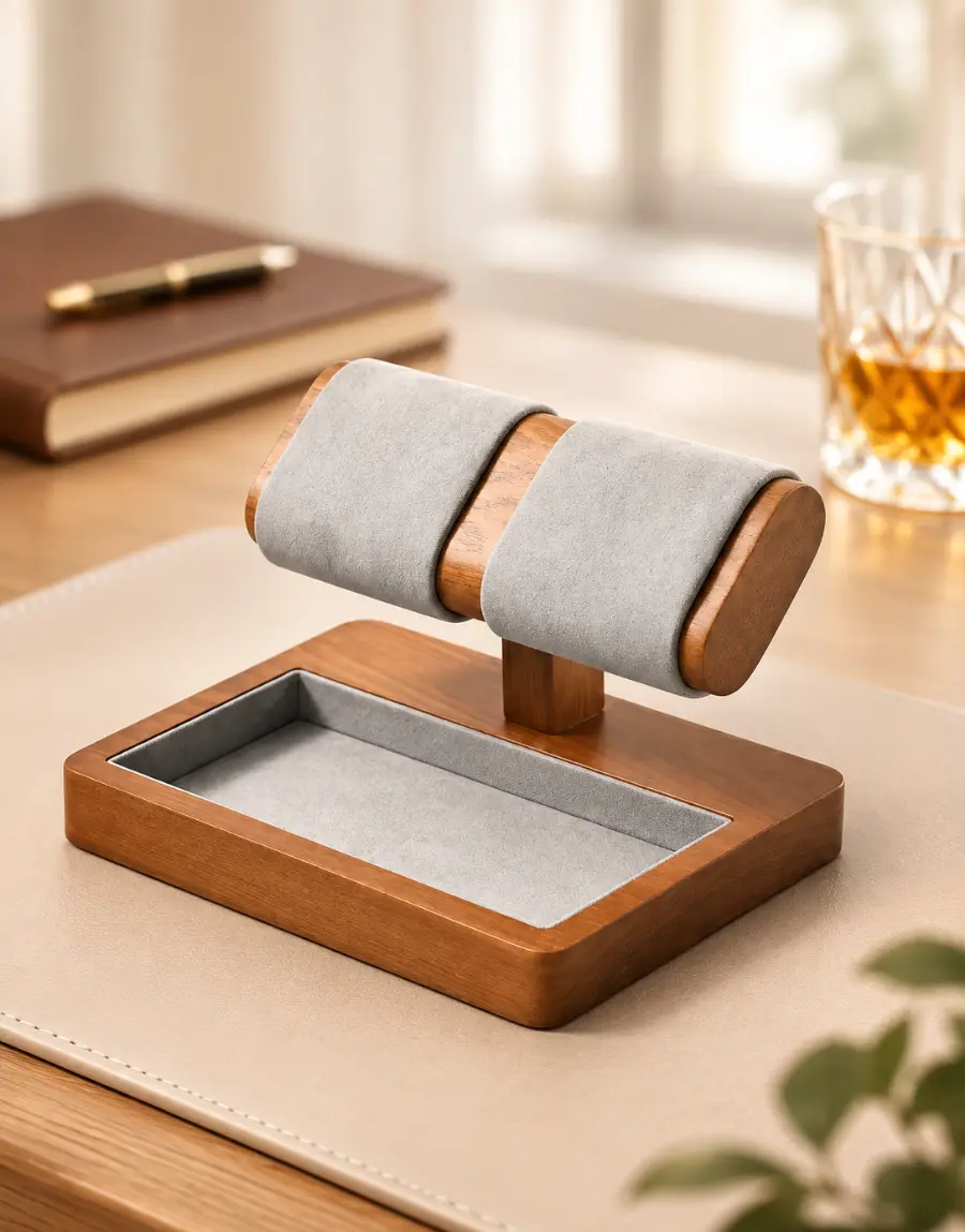 Présentoir à montres en bois 2 emplacements avec vide-poche