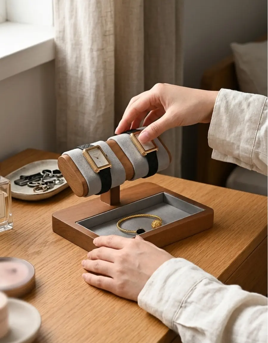 Présentoir à montre en bois Duo Héritage en utilisation