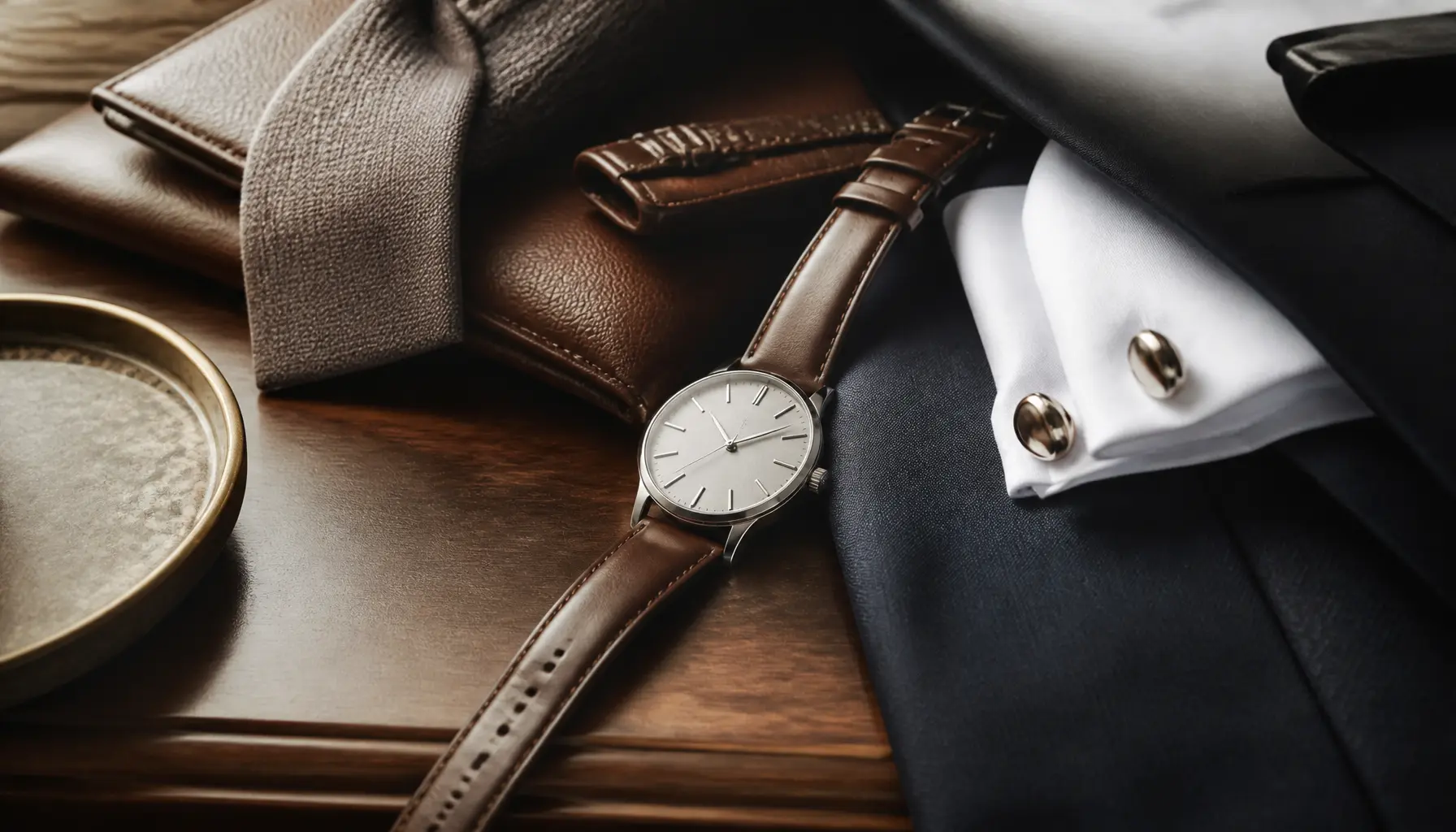 Montre habillée à bracelet brun associée à un costume sombre et des accessoires en cuir