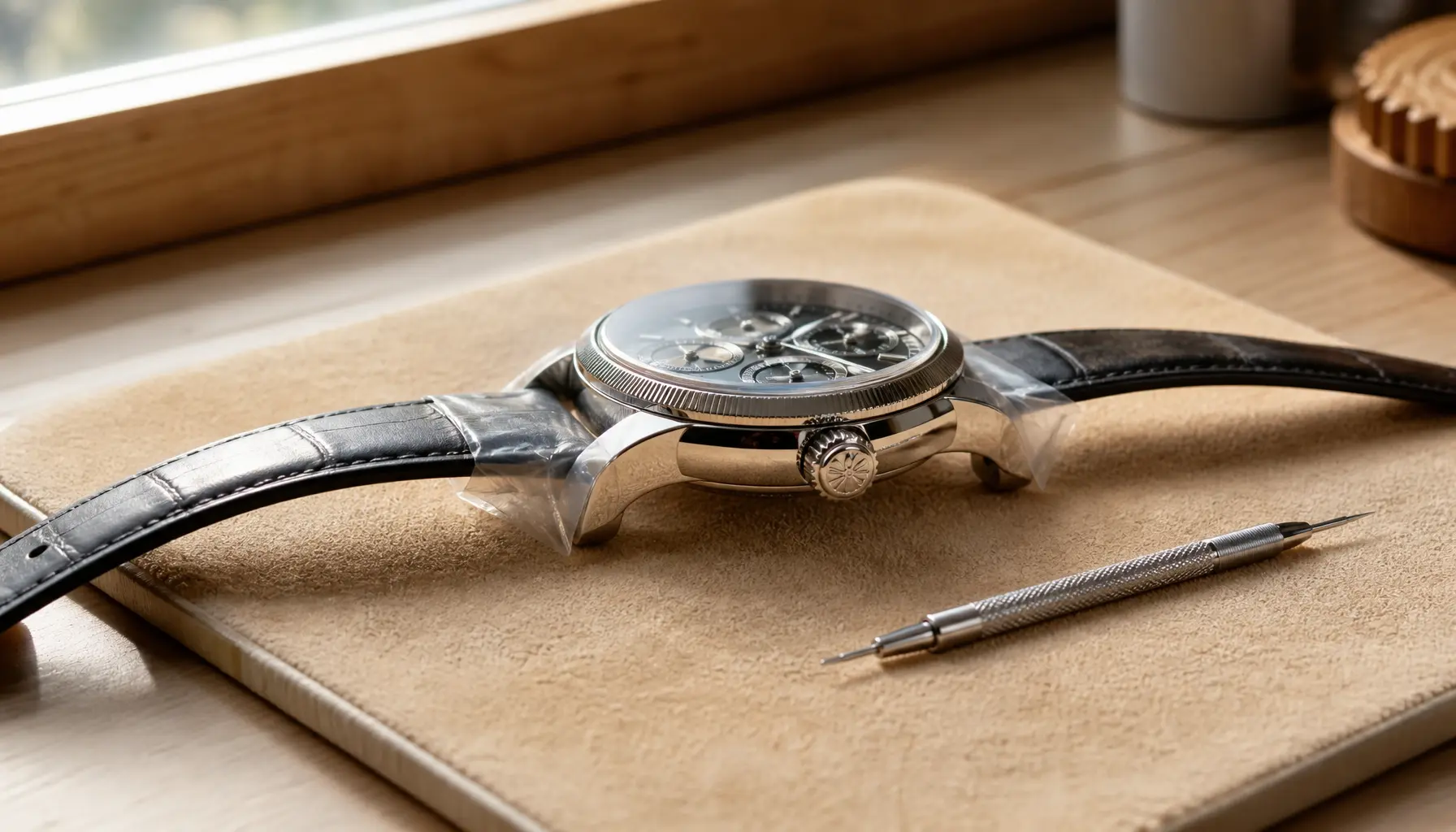 Montre posée sur une microfibre avec les cornes protégées avant le changement de bracelet