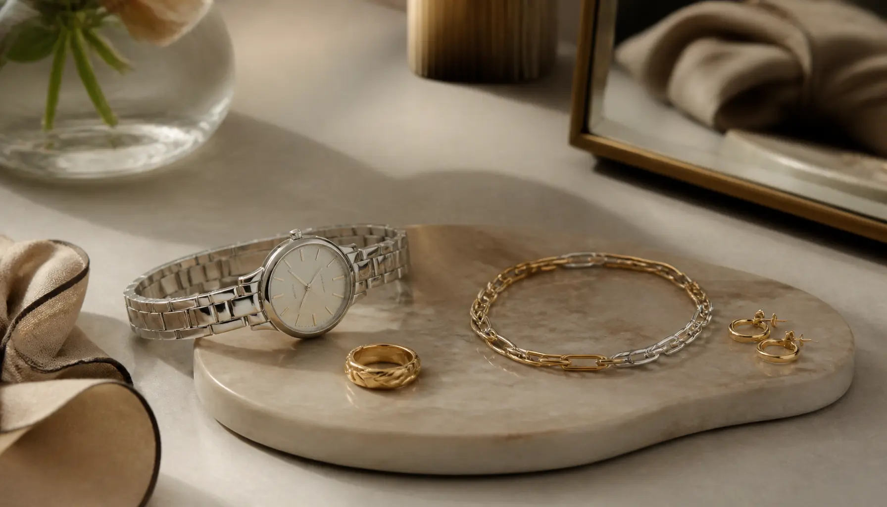 Association harmonieuse d’une montre argentée avec des bijoux dorés et bicolores