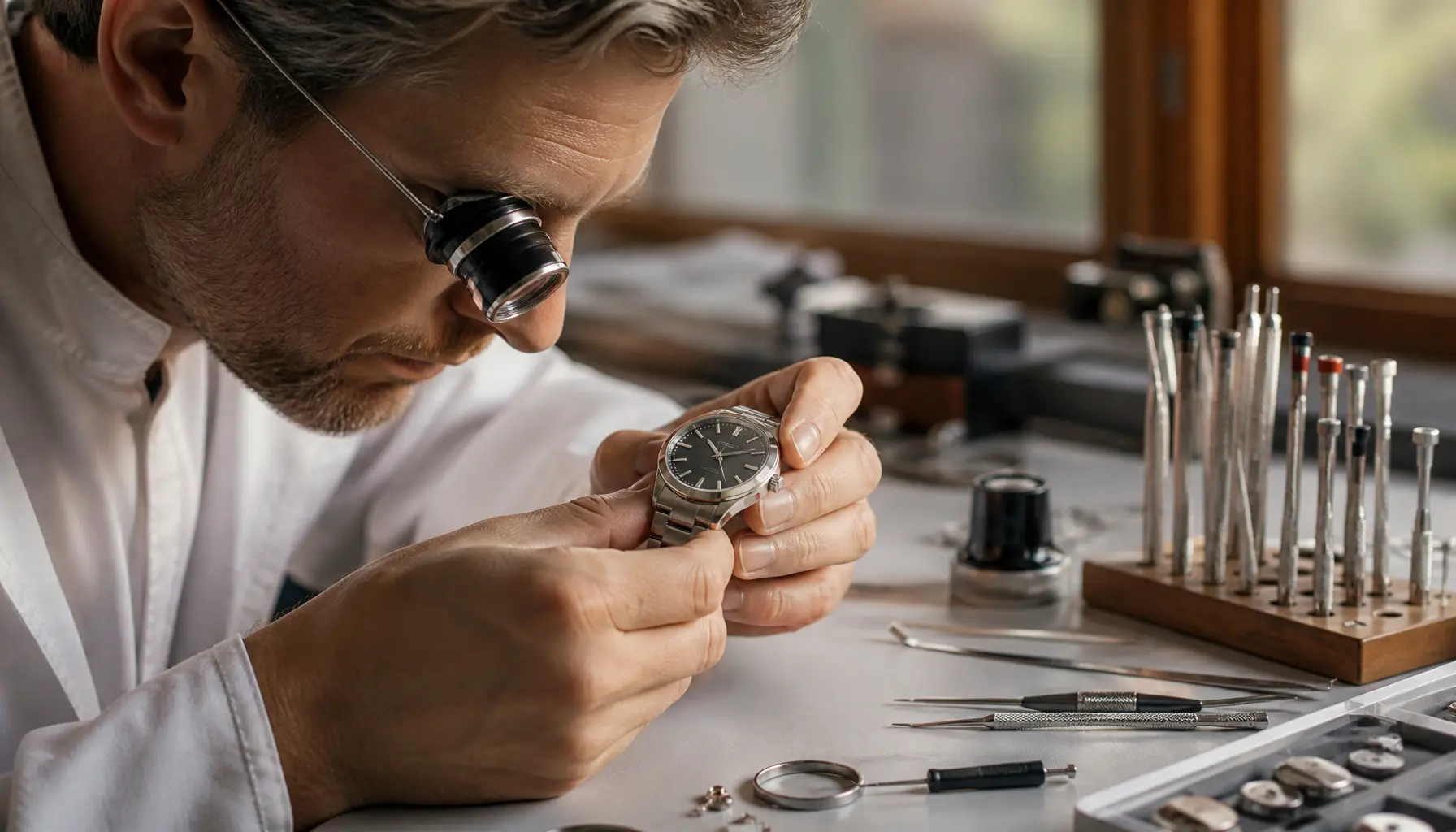 Inspection des finitions polies et satinées d’une montre avant restauration