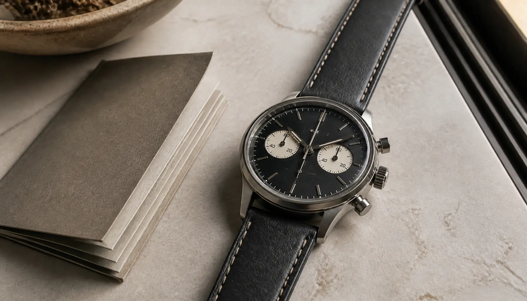 Chronographe posé sur une surface claire avec ses poussoirs et compteurs visibles