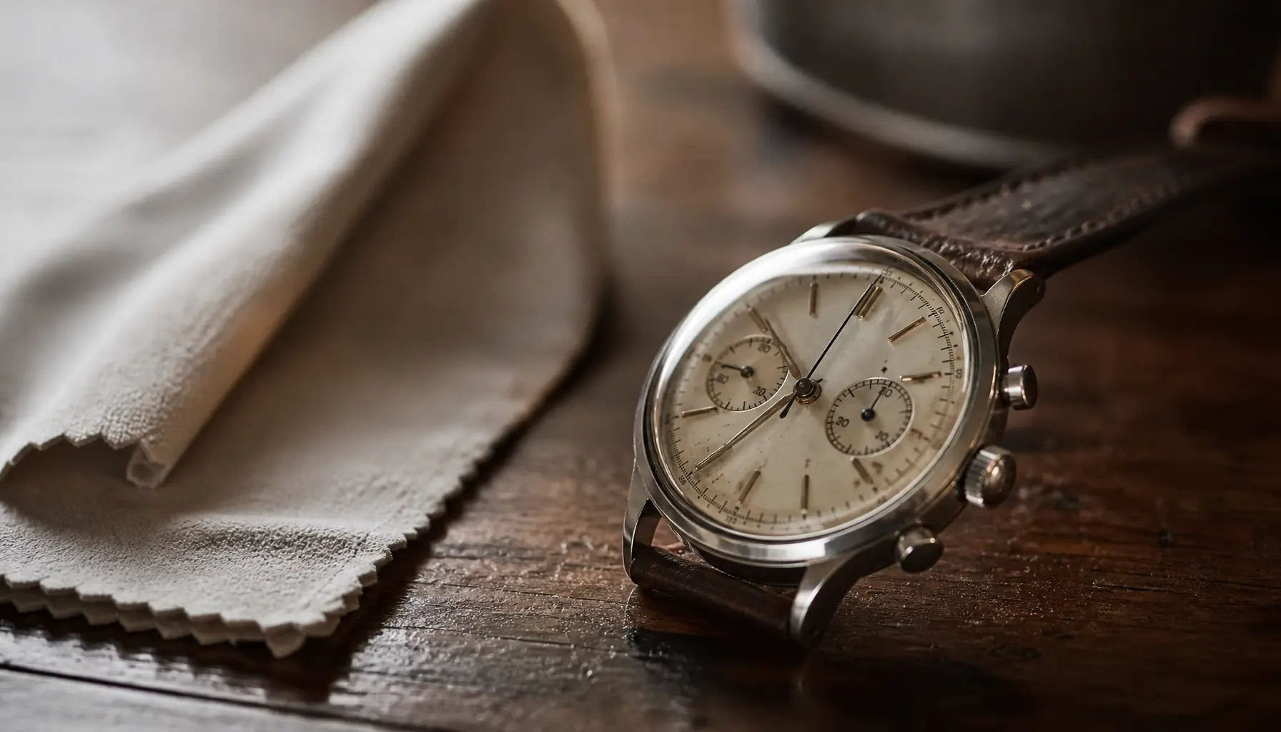 Chronographe ancien posé près d’un chiffon doux pour illustrer les précautions d’utilisation